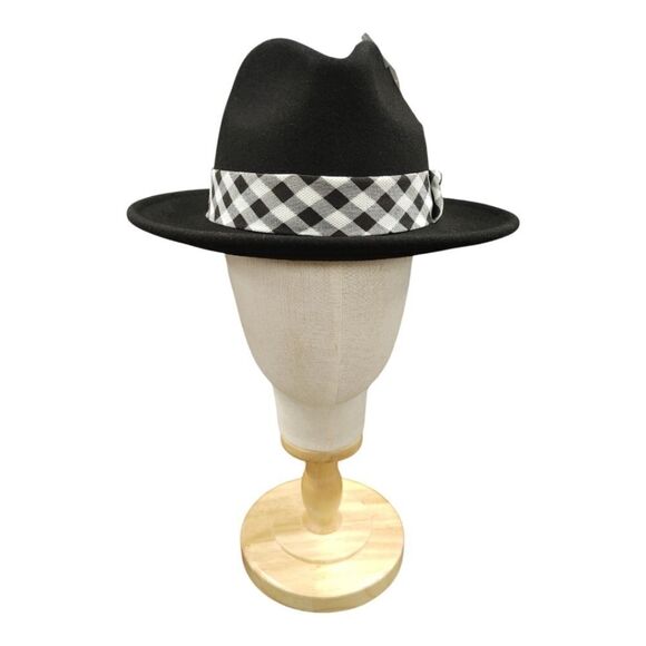 MEN'S MONTIQUE BLACK WOOL FELT HAT WITH ABSTRACT CHECKERED HAT BAND. H2362. - Picture 2 of 8